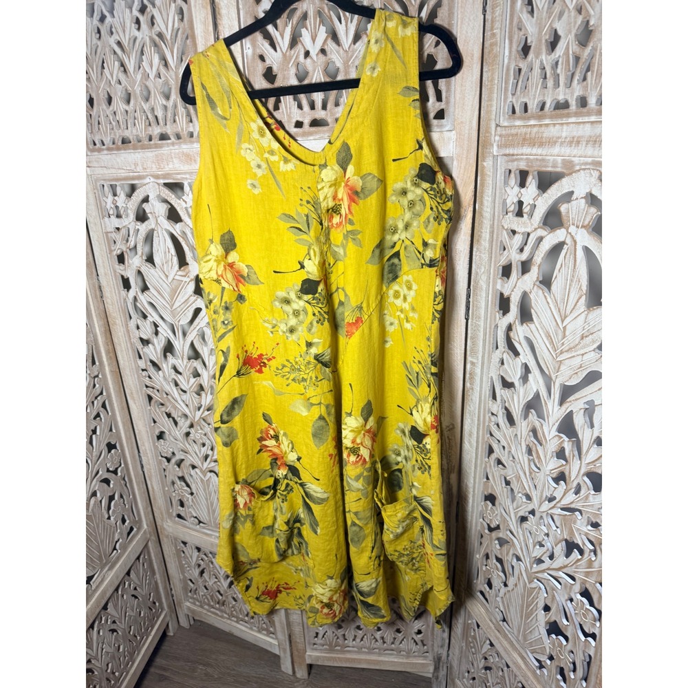 Yellow Floral Linen Maxi Dress V-Neck Sleeveless Boho Pockets Lagenlook 0449 - Picture 2 of 6
